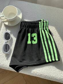 Comfortcana Quần short ống rộng kẻ sọc đen và in số dành cho nữ - màu đen - Xem 4