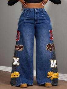 Slaydiva Plus Size Women's Loose Fit Distressed Embroidered Patchwork Design Washed Denim Wide Leg Jeans - Dark Wash - View 4