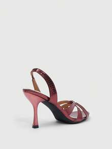 CUCCOO SZL 女士时尚交叉绑带露跟高跟凉鞋 - 酒紅色 - 查看 8