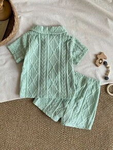 SHEIN Vintaside Kids 男女通用新生兒至1歲嬰兒套裝 短袖上衣與短褲組 紋理面料 精緻觸感 深綠色 夏季休閒度假風 - 薄荷綠 - 查看 3
