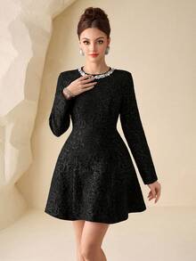 Modelyn Women's Black Woven Bubble Texture Rhinestone Trim Waist Flare Hem Elegant Long Sleeve Dress, Spring/Summer - Black - View 3
