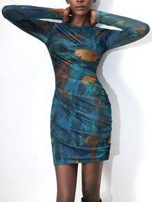 Maija Women's Round Neck Mini Dress, Featuring Fashionable And Versatile Tie-Dye Pattern, Ruched Design Accentuates Body Curves, Showcasing Sexy And Elegant Charm. Long Sleeve Slim Fit, Suitable For Commuting, Business, Casual, Beach, Vacation, Music Festival, Valentine's Day And Summer Occasions, Easily Switch Between Different Styles, Exuding Feminine Confidence And Unique Taste. - Multicolor - View 1