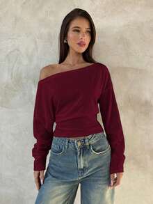 Aloruh Elegant 95% Cotton Knit Asymmetric Shoulder Long Sleeve Top, Purple-Red Versatile Blouse, Fall Wardrobe; Simple, Fashionable; Cozy, Chic. Spring - Red Violet - View 3