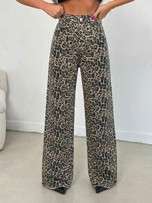 SHEIN Tall 100%纯棉中腰阔腿豹纹高个牛仔裤 - 彩色 - 查看 4