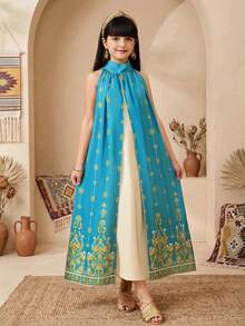 Tween Girl Loose Elegant Small Stand Collar Sleeveless Pattern Patchwork Solid Color Long Dress Tween Girl - Green - View 5