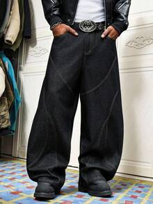 Manfinity EMRG Street Life Men's Casual Spliced Distressed Patchwork Baggy Raw Denim Jeans - Black - View 4