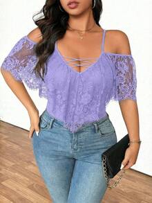 Elenzga 大码露肩雪纺裹身装饰系带交叉连体衣，适合外出、度假和聚会 - 紫色 - 查看 4