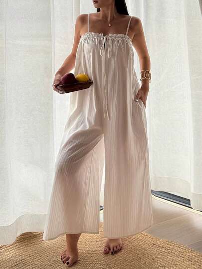 DAZY Vacation Style Frill Trim Striped Textured Fabric Jumpsuit For Women