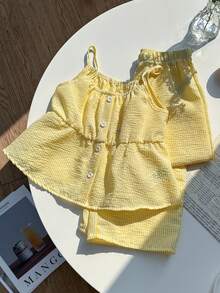 SHEIN 两件套少女休闲甜美度假风荷叶边吊带背心和宽松阔腿裤套装，适合外出、日常、度假、旅行、海滩等场合，春夏款。 - 黃色 - 查看 6