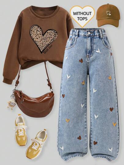 SHEIN ChillGRL Nuevos jeans de pierna ancha para niñas otoño e invierno 2025. Jeans sueltos con bordado de corazón lindo, color de mezclilla vintage desgastado, estilo de calle preppy Y2K casual y retro, patrón bordado rasgado, bordado de corazón rosa, cómodo denim de algodón, pantalones de color azul denim para todas las temporadas. Jeans sueltos de pierna ancha con corazón a la moda para niñas, diseño de cintura elástica