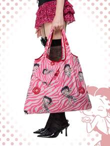 Betty Boop | ROMWE Large Capacity Foldable Tote Bag With Coin Pouch, Portable Shopping Bag - Baby Pink - View 6