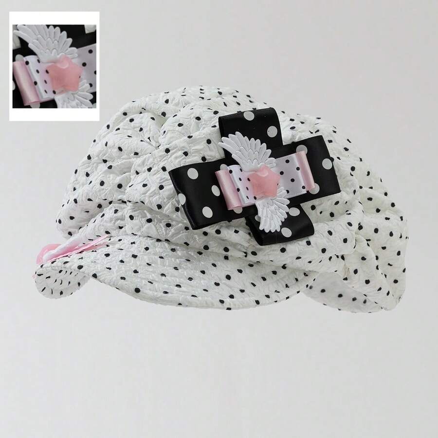 1 Women's Polka Dot Angel Wings Star Cross Newsboy Cap - White - View 1