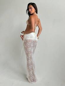 Aloruh 女士三件套比基尼套装，性感优雅浪漫杏色迷你三角罩杯挂脖上衣，迷你丁字裤下装，另配超长纱笼罩衫，适合度假、海滩、比基尼穿着。 - 米色 - 查看 5