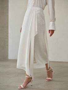 MOTF PREMIUM WOMEN'S ASYMMETRICAL CHIFFON FLOWY SPLIT THIGH SKIRT WITH SEQUINS EMBELLISHMENT, SPRING/SUMMER - White - View 6