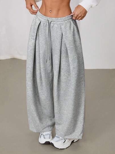 SHEIN PETITE Women's Fall/Winter Streetwear Basic Daily Wear Going Out Casual Grey Baggy Low Rise Cuffed Pants Y2k