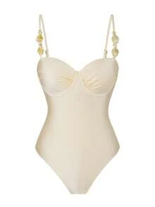 Ensemble de maillot de bain 3 pièces pour femmes Swim Oasis : Maillot de bain une pièce beige avec armatures, bretelles spaghetti et décolleté en V, garniture volantée réglable sur les côtés, jupe amovible en maille décorée de métal - Nude - Voir 4