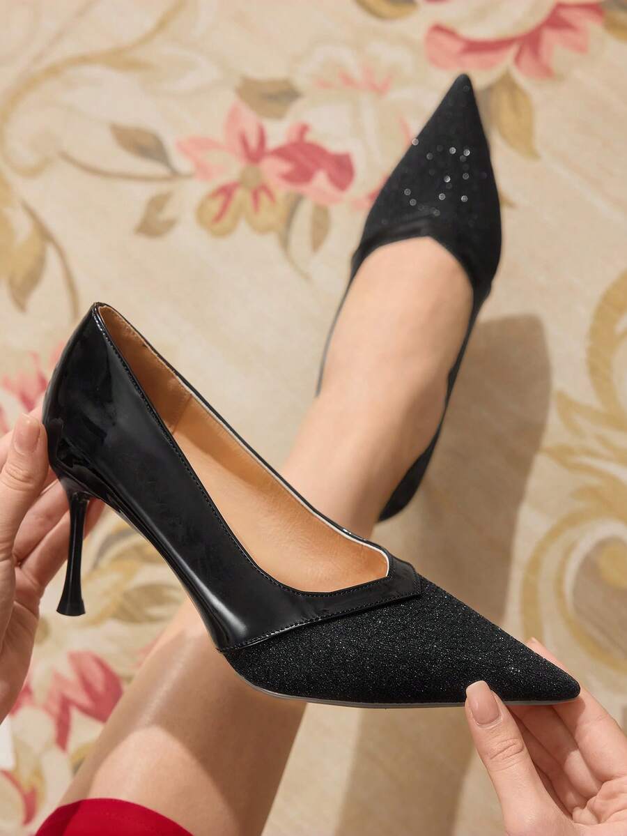 CUCCOO TILAWA 女士尖头亮面时尚高跟鞋，适合日常穿着 - 黑色 - 查看 1