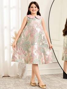SHEIN 少女優雅網紗領口綴珠對比色彼得潘領紋理A字洋裝套裝 - 粉色 - 查看 8