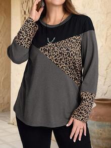 EMERY ROSE Kaos Ukuran Besar Kerah Bulat Lengan Raglan Motif Leopard Patchwork/Musim Panas/Musim Semi/Liburan - Grey - View 3