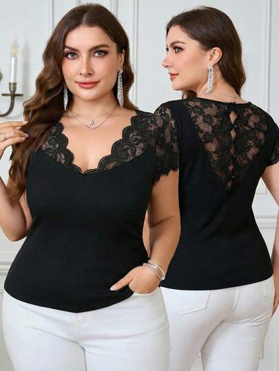 SHEIN Clasi Women's Plus Size Elegant Solid Color Lace Patchwork T-Shirt Lace Trim Top Elegant Black Christmas New Year Curve V Neck Black Lace Top Valentine's Day