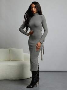 NYA SZN Dress Long Sleeve Turtle Neck Fitted Sweater Business Casual Everyday Cool Girl Ibiza Gyaru Holiday Midi Length Fall Winter Carnival Outfits Women - Grey - View 4