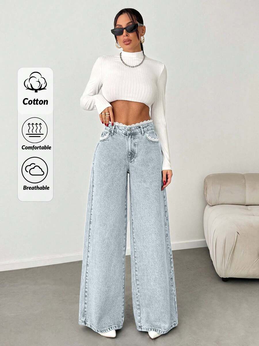 EURMUSE 女式中腰蕾丝腰带阔腿牛仔裤 - 淺藍色 - 查看 1