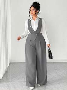 SHEIN Tall CURVE Bộ jumpsuit không tay cổ chữ V sâu, nhiều cúc phía trước, vạt áo bất đối xứng, thời trang dành cho nữ cỡ lớn, phù hợp cho mùa xuân/hè, đi học, nghỉ lễ, tốt nghiệp, các ngày lễ, Ngày Valentine, Giáng sinh, lễ hội âm nhạc, Ngày của Mẹ, Halloween, Lễ Tạ ơn, Lễ Phục sinh, Ngày Quốc khánh, khiêu vũ, hẹn hò, tiệc tùng, đám cưới, các hoạt động ngoài trời. - Xám - Xem 6
