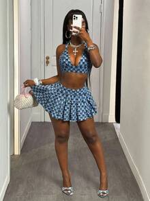 Slaydiva Top corto de halter de mezclilla para mujer, ajustado y sexy, color azul - Azul lavado oscuro - Ver 6