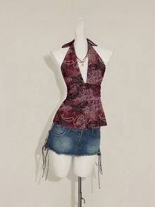 SHEIN ICON Halter Deep V-Neck Cinched Waist A-Line Backless Vintage Style Tank Top Vacation - Multicolor - View 3