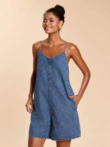 Travachic Women's Casual Loose Pocketed Wide Leg Denim Romper - Light Wash - View 6
