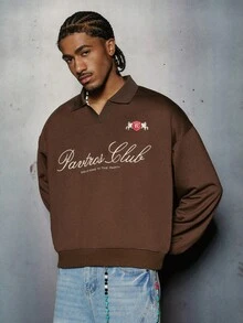 PAVTROS Manfinity Streetrush Men's Street-Style Popular INS Matching Men's Fashionable & Comfortable Letter Embroidered Long Sleeve Polo Shirt,Streetwear,I Love My Boyfriend,Graphic,Oversized,Boy Friend Gifts,Valentine's Day Gift,Embroidery - Brown - View 4