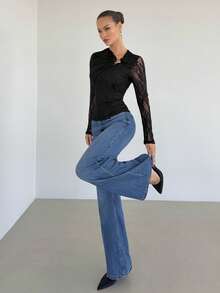 Siren Gaze 女士花卉蕾丝不对称领口长袖修身时尚T恤 - 黑色 - 查看 3