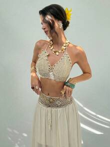 Aloruh Set da 2 pezzi con top senza maniche lavorato a maglia con decorazione floreale 3D e minigonna, outfit estivo alla moda, abiti estivi, look da spiaggia per donna, outfit da vacanza, abbigliamento da donna stile boho tropicale, top a canotta per l'autunno/inverno - Albicocca - Visualizzare 5