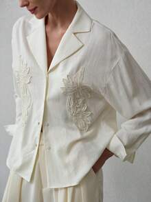 MOTF PREMIUM WOMEN'S LINEN LAPEL COLLAR EMBROIDERED LONG SLEEVE SHIRT, SPRING/SUMMER - Apricot - View 3