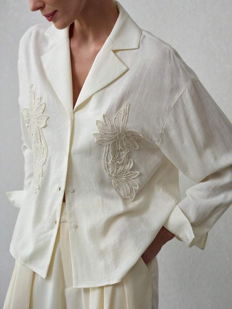 WOMEN'S LINEN LAPEL COLLAR EMBROIDERED LONG SLEEVE SHIRT, SPRING/SUMMER