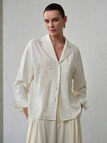 MOTF PREMIUM WOMEN'S LINEN LAPEL COLLAR EMBROIDERED LONG SLEEVE SHIRT, SPRING/SUMMER - Apricot - View 6