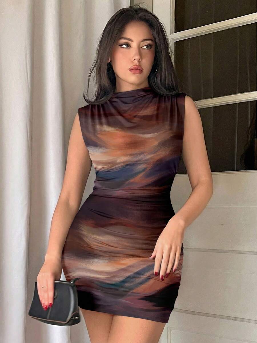 Firerie Elegant Sexy Brown Textured Print Ruched Bodycon Midi Dress, Suitable For Spring, Brown Dress Brown Sexy Dress Bodycon Dress Brown Bodycon Dress - Brown - View 1