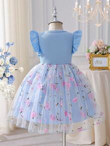 SHEIN Glamorique Kids 女童优雅甜美可爱圆领短袖罗纹面料收腰3D网纱刺绣A字时尚公主裙，适合节日派对、度假、夏季穿着 - 藍色 - 查看 2