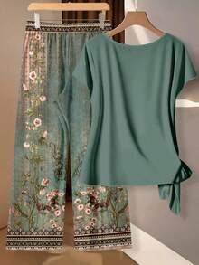 SHEIN Clasi 女士休闲优雅衬衫配蝴蝶结和宽松直筒裤两件套，复古花卉印花 - 彩色 - 查看 2