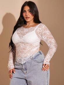 SHEIN BAE 大码女式蝴蝶结装饰蕾丝衬衫，性感不对称透视正式派对上衣，适合情人节、夏季、生日等场合，展现曲线身材 - 白色 - 查看 7