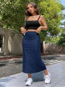 SHEIN EZwear Linen Lightweight Long Skirt, Summer - Navy Blue - View 5