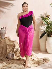 Swim Oasis Plus Size Colorblock Elegant Summer Vacation One Piece Swimsuit + Skirt Cover-Up, Purple Elegant Contrast Black One-Shoulder Ruffle Trim One-Piece + Skirt Cover-Up Plus Size One-Piece Swimsuit - Multicolor - View 9