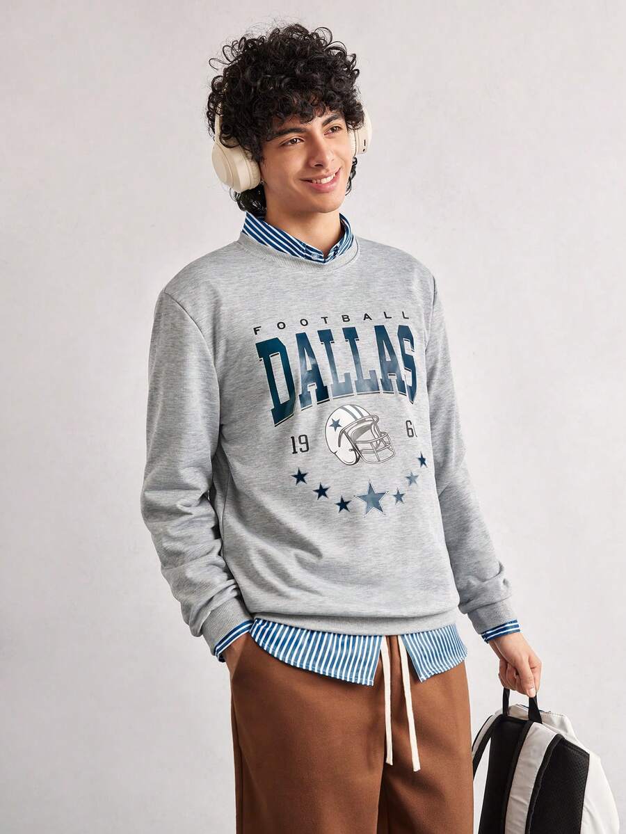 Open Phase Men's Casual Street Versatile Dallas Football Sports Element Print Crew Neck Pullover Sweatshirt, Long Sleeve Top Spring To Summer - Grey - View 1