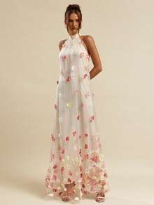 SHEIN BAE Apricot Solid Color 3D Floral Decor Cold Shoulder Loose Maxi Dress, Lace Patchwork Long Dress, Wedding Guest Attire, Brunch Dress, Elegant Social Dress, Summer Dress, Date Night Maxi Dress, Birthday Party Gown, Bridesmaid Mini Dress, Beach Vacation Maxi Dress Garden Party Dresses Boho Wedding Guest Dress Long Dress Summer Floral Applique Dress - Apricot - View 4