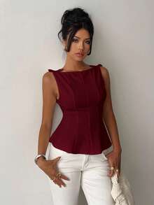 Aloruh 女士优雅无袖通勤衬衫，简约设计 - 酒紅色 - 查看 5