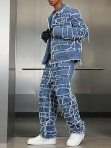 PAVTROS American Style Patch & Fringe Denim Outfit Men 2 Piece Set Patched - Blue - View 7