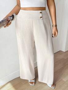 Lounesse Quần ống rộng màu trơn cài cúc dành cho nữ cỡ lớn, kiểu dáng thường ngày, đa năng. - Màu be - Xem 7