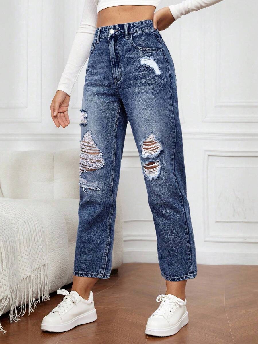 EMERY ROSE Casual Washed Distressed Tapered Jeans - Dark Wash - View 1