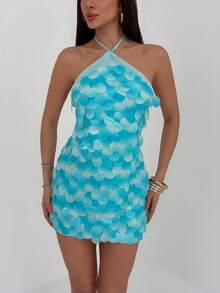 Aloruh Vestido mini ajustado con cuello halter, tirantes finos y degradado de lentejuelas para mujer - Azul - Ver 8