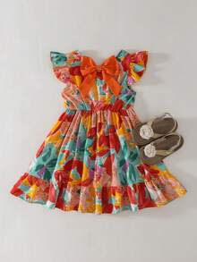 THE HAPPY LOOK Young Girl Vacation Style Large Floral Print Round Neck Short Sleeve Cinched Waist Back Contrast Bow Dress Versatile Comfortable - Multicolor - View 2